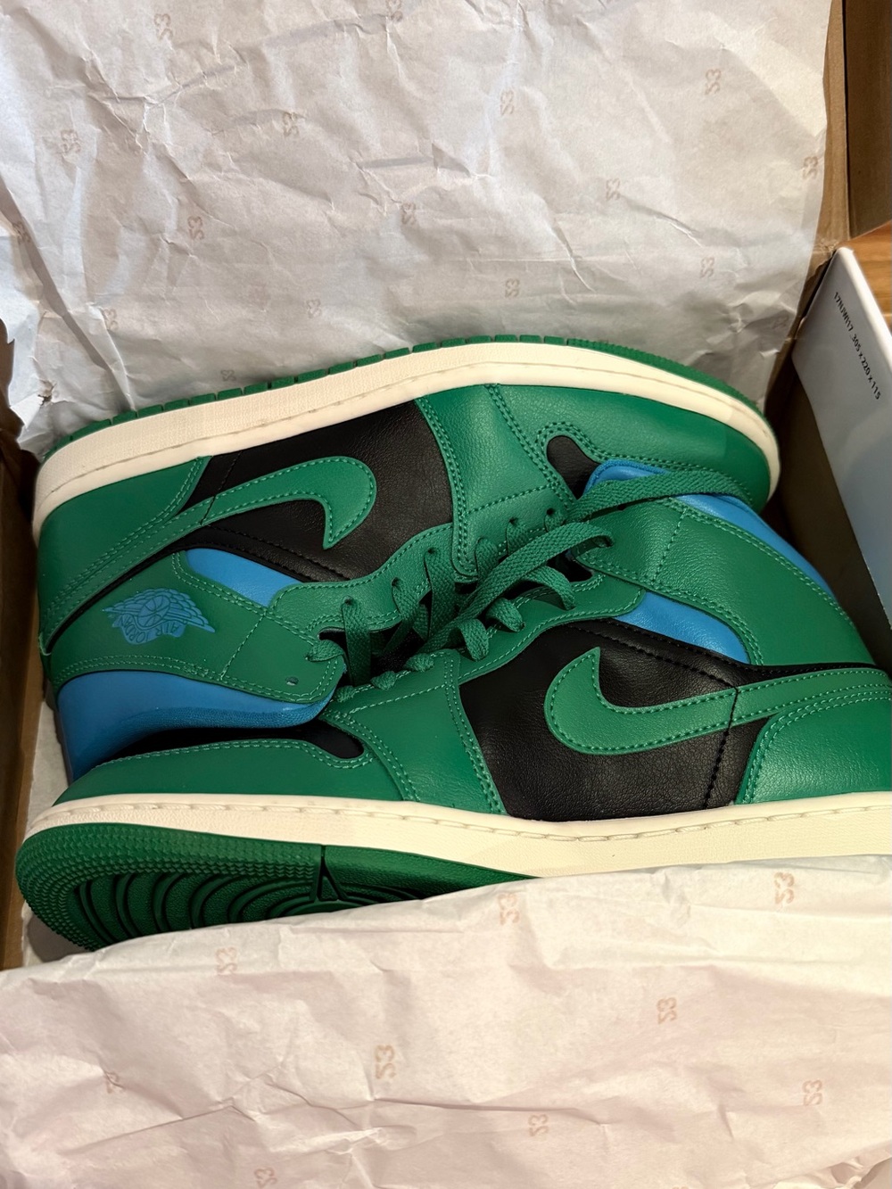 AIR JORDAN 1MID- Women’s Black/Lucky Green/Aquatone, size 9, Brand New in Box